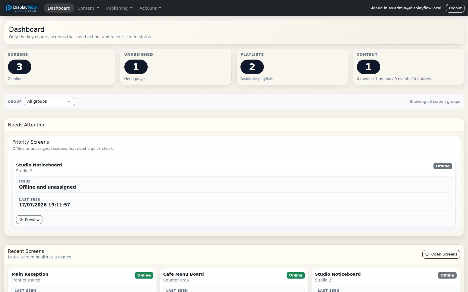 DisplayFlow dashboard showing screen status, playlists and screens needing attention
