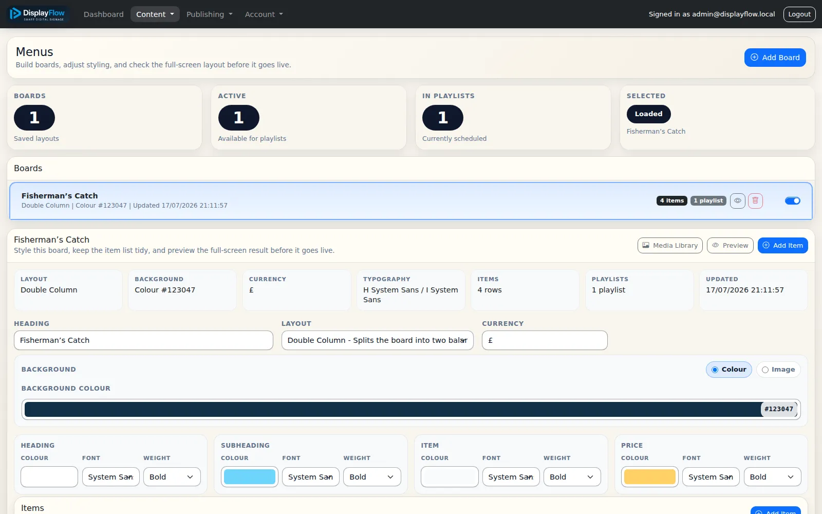 DisplayFlow menu-board editor with layout, colour, currency and typography controls